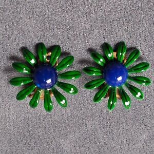 Vintage Enamel Flower Earrings Blue & Green Clip On